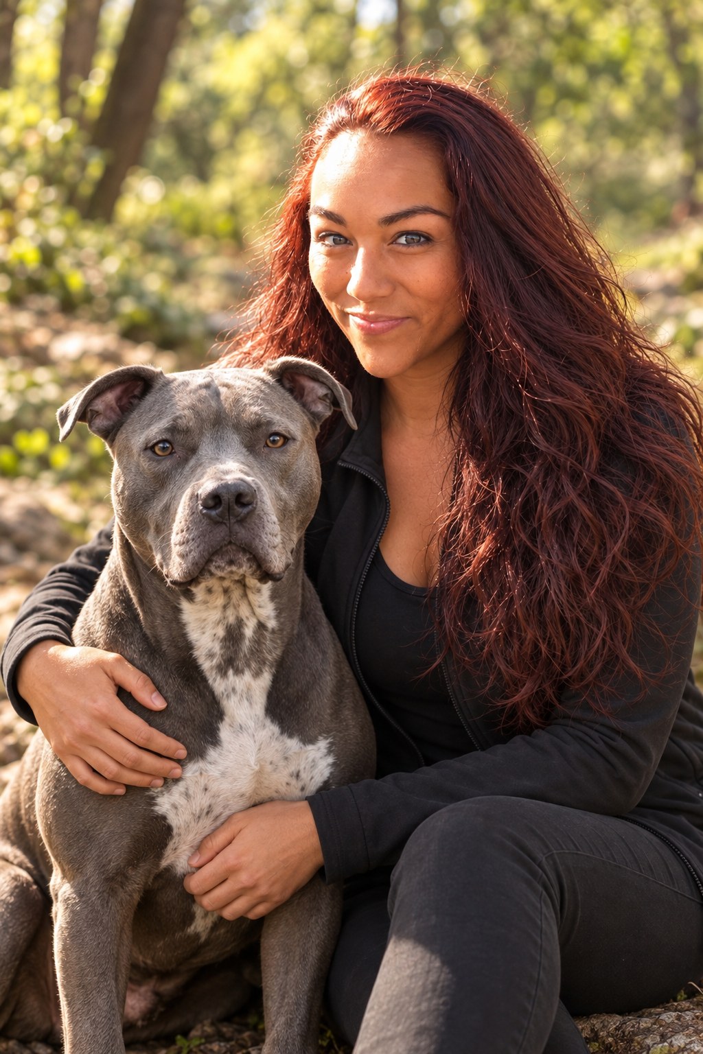 Alexa with Rocky, a gray dog, seated together outdoors
